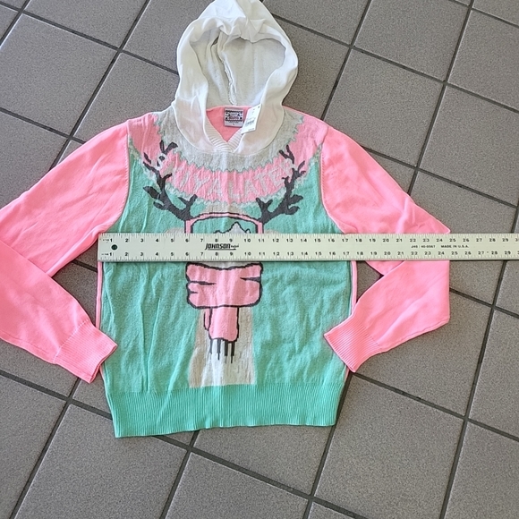 Juniors Large Retro Well Worn Holiday Ugly Hooded Sweater SKIYA LATER Reindeer - Picture 3 of 10